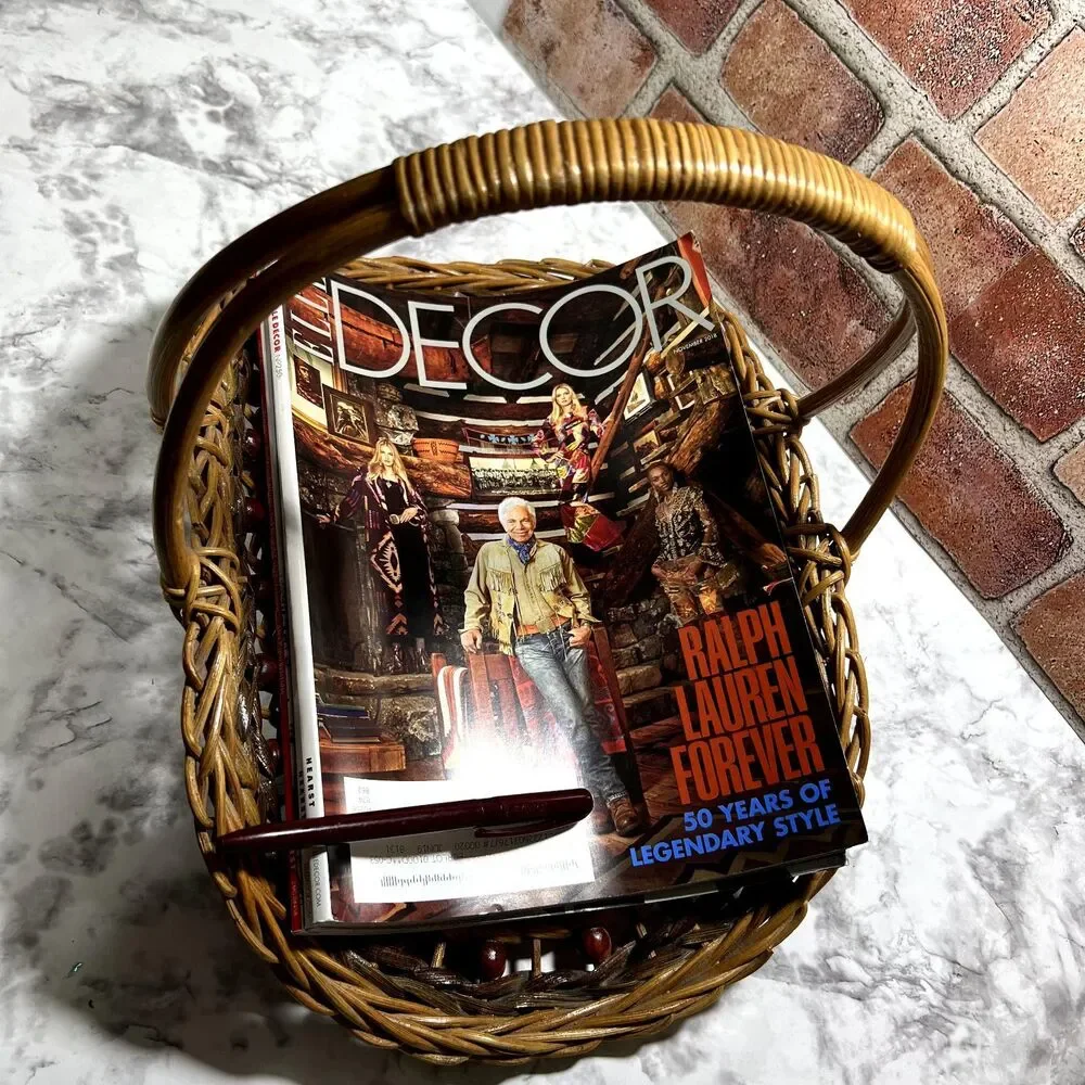 Vintage Gathering Basket With Wooden Beads | Wicker Magazine RacK | Towel Basket